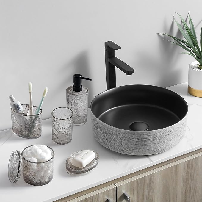 Modern 6 Pcs Resin Bathroom Accessories Set: Soap Dispenser, Toothbrush Holder, Tumbler, Soap Dish,Tray,Trash Can,Unbreakable, Durable, Easy to Clean, Bark Pattern, Translucent Black