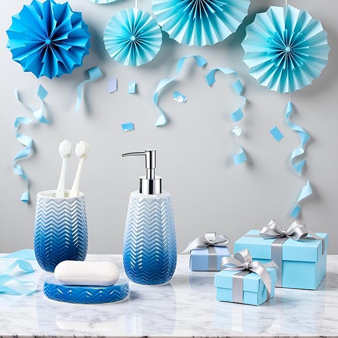 Blue Bathroom Accessories Set, 3Pcs Ceramic Bathroom Accessory Set Complete/Lotion Soap Dispenser, Toothbrush Holder, Soap Dish, Silver Bathroom Decor Sets, Gift for Home Apartment