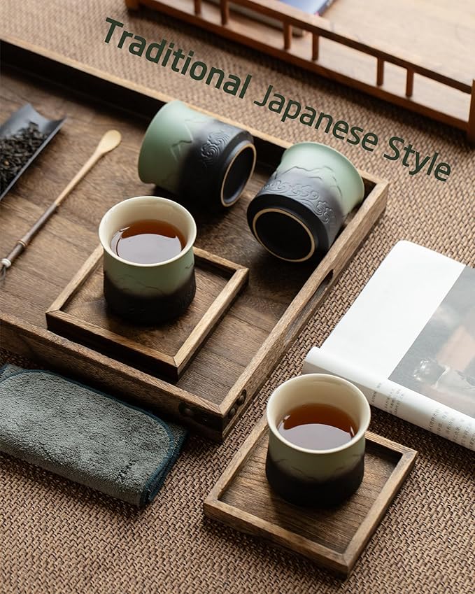 ZENS Japanese Tea Cups Set of 4, Embossed 8 oz Ceramic Japan Tea Cup for Hot Tea or Matcha, Japanese Style Handle-less, Occupied Japan Tea Cup, Moss Green