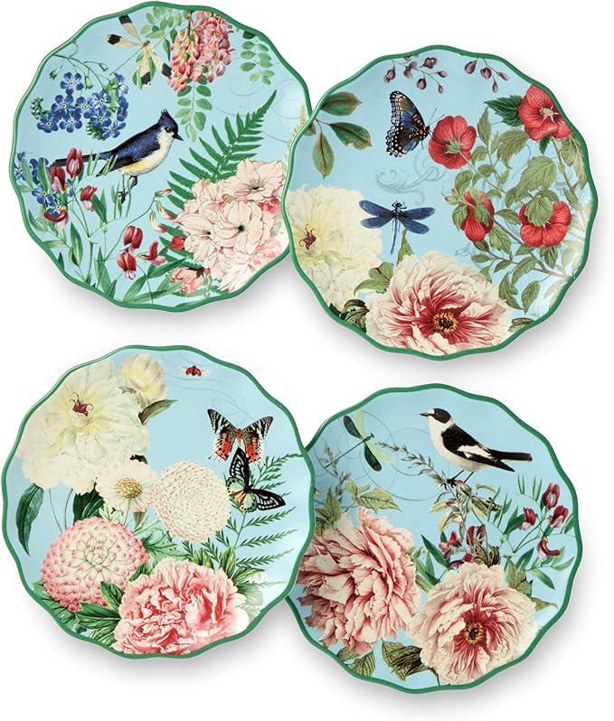 Flora Ceramic Canape Plate Set – 6-Inch Floral Appetizer Plates with Butterfly and Dragonfly Designs, Perfect for Snacks, Desserts, Hors D’oeuvres, and Entertaining