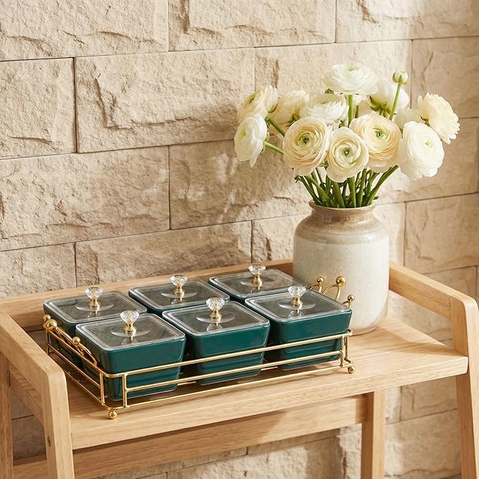 YA JU Ceramic Bowls and with Lid Gold Basket Trays, 6 Removable Small Bowls Condiment Trays Nut Serving Set for Snacks, Fruits, Candy and Condiments - Great for Parties, Holiday Gifts, Green