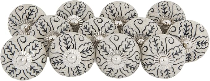 Mela Artisans 12-Pack Ceramic Kitchen Cabinet Knobs - Grey & White Leaf | Decorative Pull Handles for Dresser Drawers | Reversible Metal Backplate | 1.77” Diameter