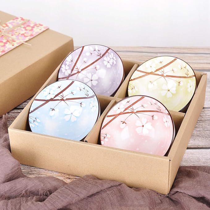VanEnjoy Set of 4 Japanese Style Ceramic Rice Bowl with Gift Box,Assorted Phum Colors Flowers Pattern Bowls Set,Underglazed Dinnerware,For Dessert Snack Cereal Soup