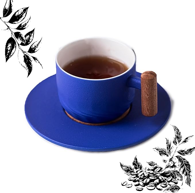 PRINCE G Japanese Style Ceramic Mug with Matching Saucer – Handmade Espresso, Coffee, Tea & Matcha Cup, Ideal Gift Set with Handgrip (BLUE)