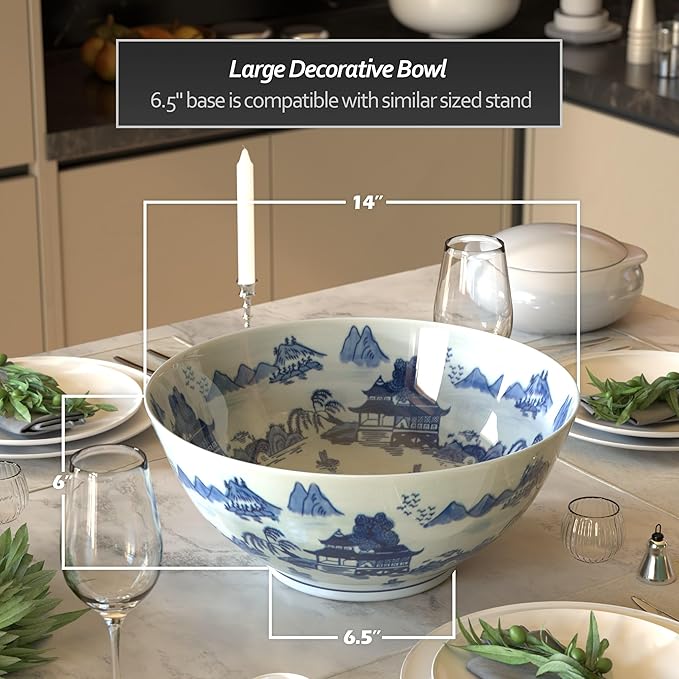 Red Lantern 14" Landscape Blue & White Porcelain Bowl Vase for Centerpiece in Kitchen Dining Living Room Bedroom with Boho Eclectic Modern Contemporary Classic Traditional Style Decor