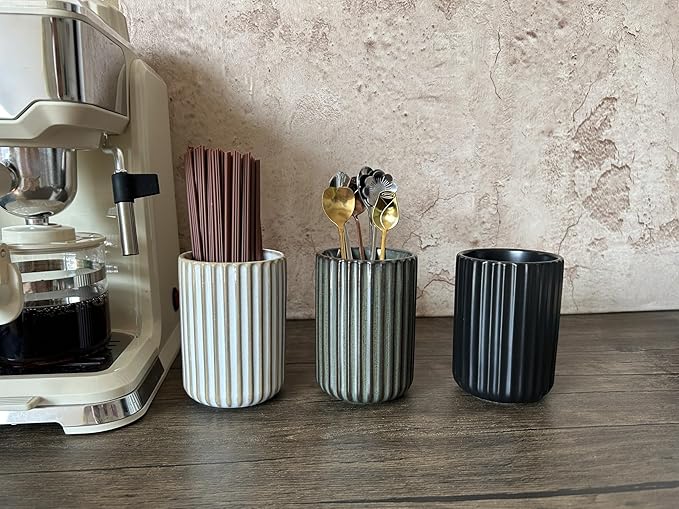 Stoneware Coffee Bar Utensil Holder Tea & Coffee Spoon & Stirrer Holder for Stir Stick Straw Teaspoon Holder Spoon Cup Small Utensil Jar Fluted Vertical Stripe (Bronze)
