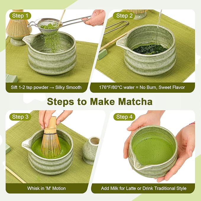Artisan Ceramic Matcha Set, 7Pcs Japanese Matcha Whisk Kit with Speckled Glaze Bowl, Bamboo Chasen & Sifter - Elegant Tea Ceremony Gifts for Women & Men, Premium Home Essentials (Green)