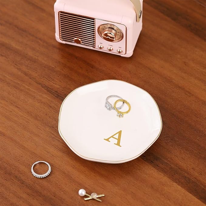 Ceramic Jewelry Tray, Personalized Initial Ring Dish, Elegant Trinket Tray for Rings Earrings Bracelet Necklaces, White Decorative Jewelry Holder for Women Vanity, 4.5 Inch, Letter A