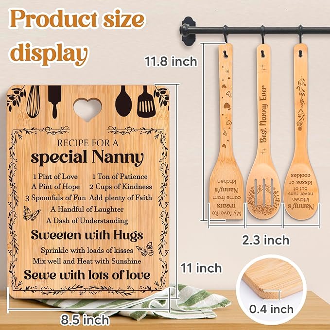 Gifts for Nanny - "Recipe for a Special Nanny" Nanny Gifts Cutting Board Set, Bamboo-Made Engraved Utensil Set Nanny Gifts for Grandma, Best Nanny Gifts