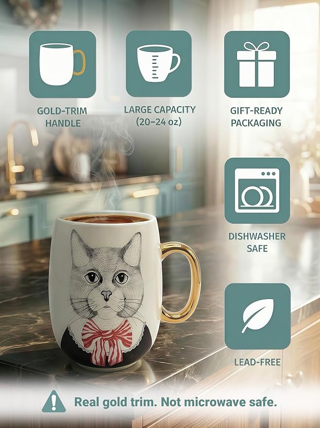 Large 24oz Ceramic Coffee Mug with Gold-Trim Handle, Oversized Porcelain Mug for Coffee, Tea & Hot Chocolate, Hand-Painted Artisan Style, Lead-Free, Gift-Ready Box, Hand Wash Only, Not Microwave Safe