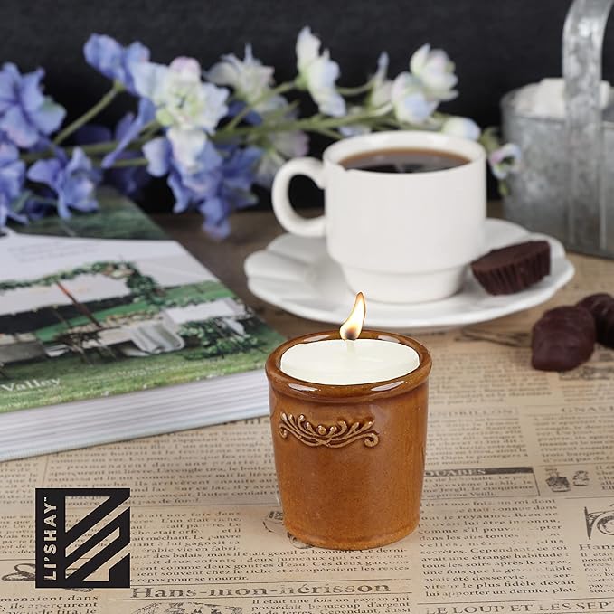 Votive Candle Holder for Home and Kitchen Décor- Ceramic Candle Holder Set of 4 - Brown
