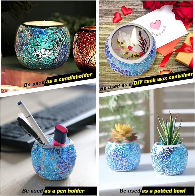 Romantic Mosaic Cracked Candle Holders(NO Candles) Wedding Dinner by Candlelight,Handmade Tea Light Holders Candlescape Bowl for Valentine's,Christmas Table Centerpiece,Party Decor 1 PC(Blue)