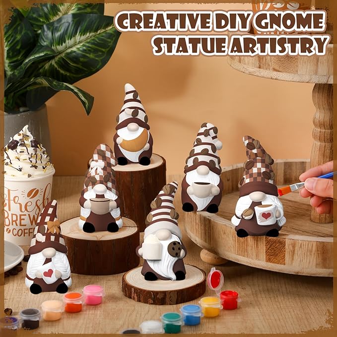Eersida 6 Sets Gnome Ceramics to Paint Pumpkin Ready to Paint Your Own Ceramic Gnome Statues DIY Unpainted Ceramics Paintable Figurines Kit Crafts with Brush Palette(Coffee)