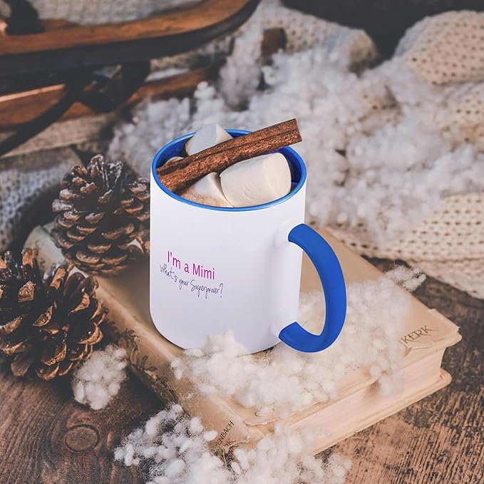 3dRose Im a Mimi. Whats your Superpower - hot pink - funny gift for grandma 11oz Two-Tone Blue Mug