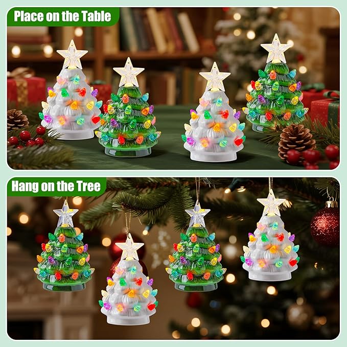 Brightown 4.3 Inch Mini Ceramic Christmas Tree Set - 4 Pack Tabletop Christmas Tree with Multicolored LED Lights, Battery Operated Small Lighted Tree for Home Office Table Holiday Decorations