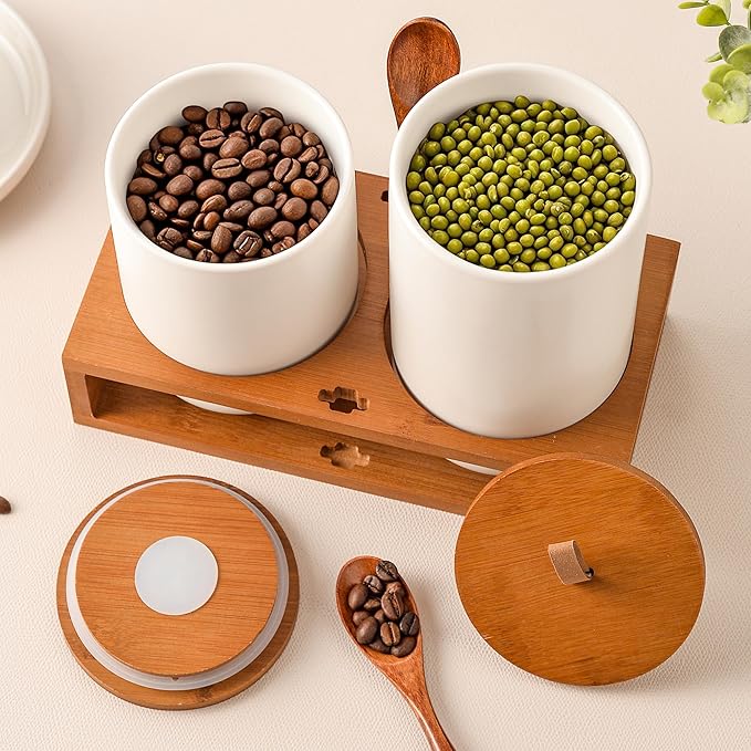 White Ceramic Canister Set of 2 with Bamboo Lids, Wooden Stand & Spoons – 35oz & 28oz Airtight Food Storage Jars for Coffee, Sugar, Tea, Kitchen Counter Organizer
