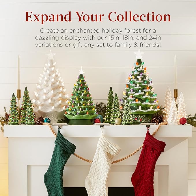 Best Choice Products 18in Large Ceramic Christmas Tree, Pre-lit Hand-Painted Tabletop Holiday Decoration w/Power Cord, 2 Star, 93 Multicolored Bulbs, LED Lights - Green