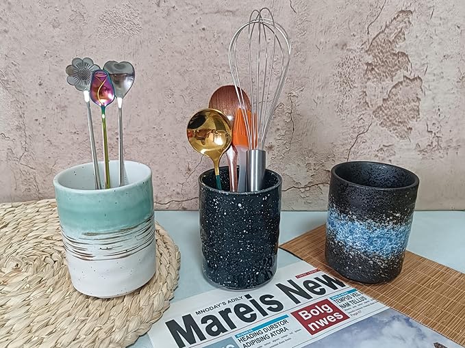 Stoneware Coffee Bar Utensil Holder Tea & Coffee Spoon & Stirrer Holder for Stir Stick Straw Teaspoon Holder Spoon Cup Small Utensil Jar (Green fields)