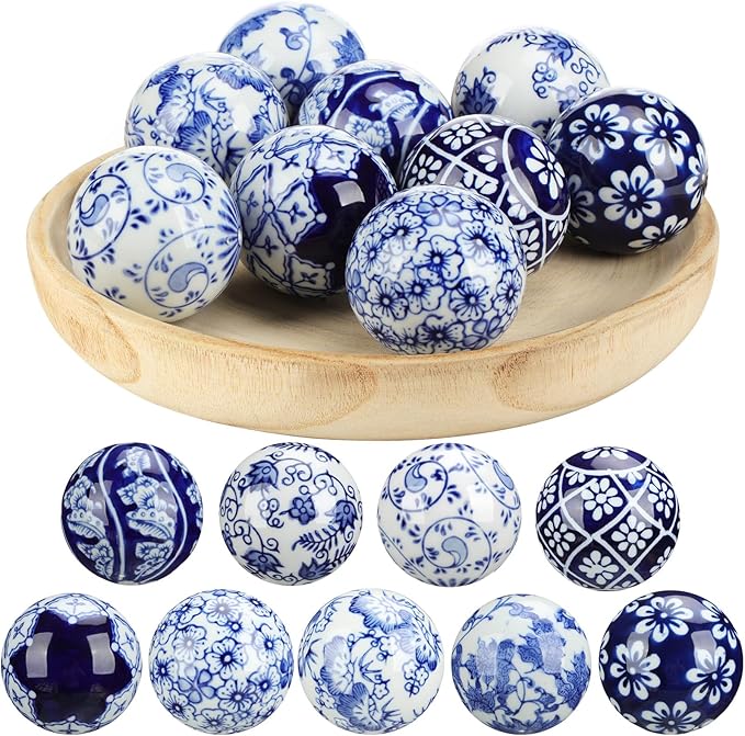 Vesici 9 Pcs Blue and White Porcelain Balls Decorative Chinoiserie Orbs for Centerpiece Bowls China Ceramic Balls Farmhouse Basket Tray Vases Decoration Gifts for Dining Table Holiday(Vintage Style)
