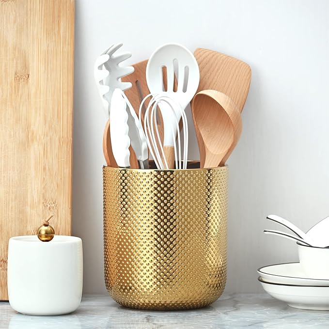 Ceramic Utensil Holder for Kitchen Counter, Gold Utensil Holder for Countertop, 5.1 W x 6.6 H inches
