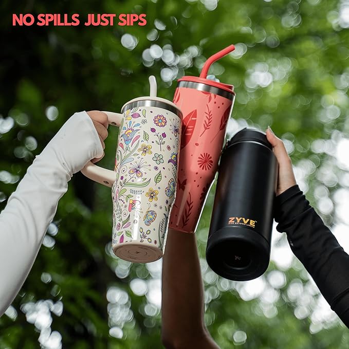 32 Oz Insulated Stainless Steel Tumbler with Handle and Straw lid | Limited Edition | Ceramic Lined Interior | Leak-proof | Travel Mug for Hot/Cold Drink | Carrying Bag Gift Blossom