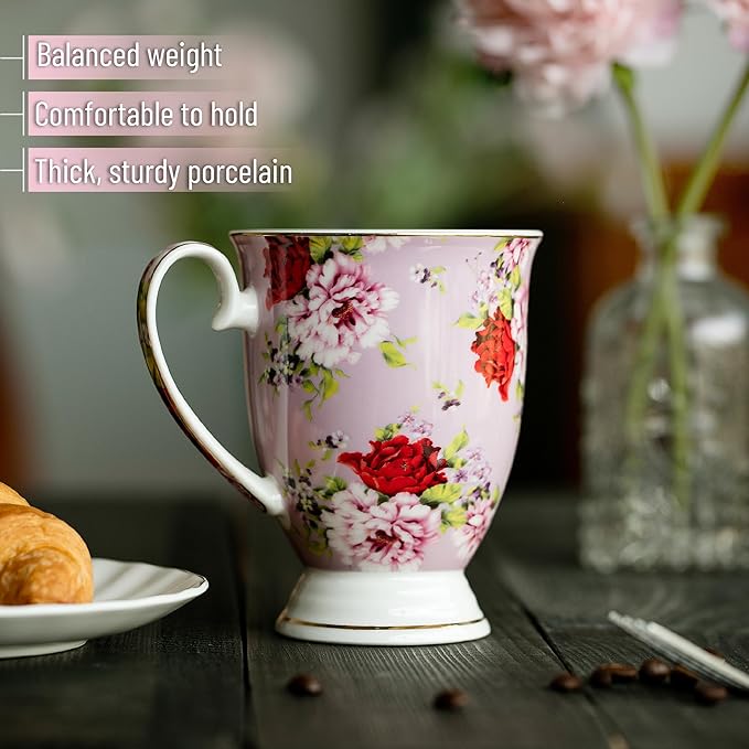 BTaT- Coffee Mugs, 12 oz, Set of 6, Floral Mugs, Porcelain Bone China, Coffee Cups