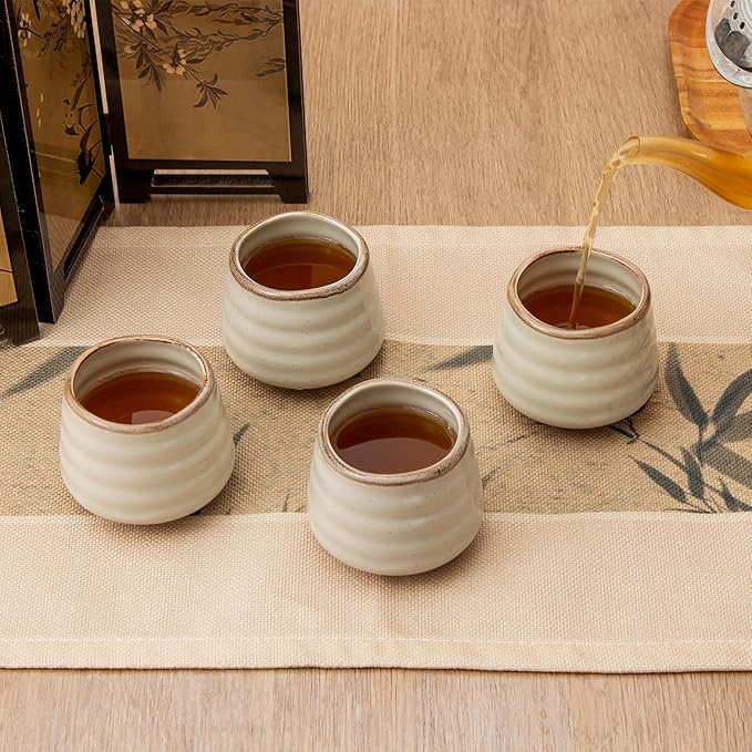 4pcs Japanese Tea Cup Set – 160ml 5.4OZ Ceramic Matcha Cup, Small Handless Espresso Cups, Cute Coffee Mugs for Valentine (Retro Grey)