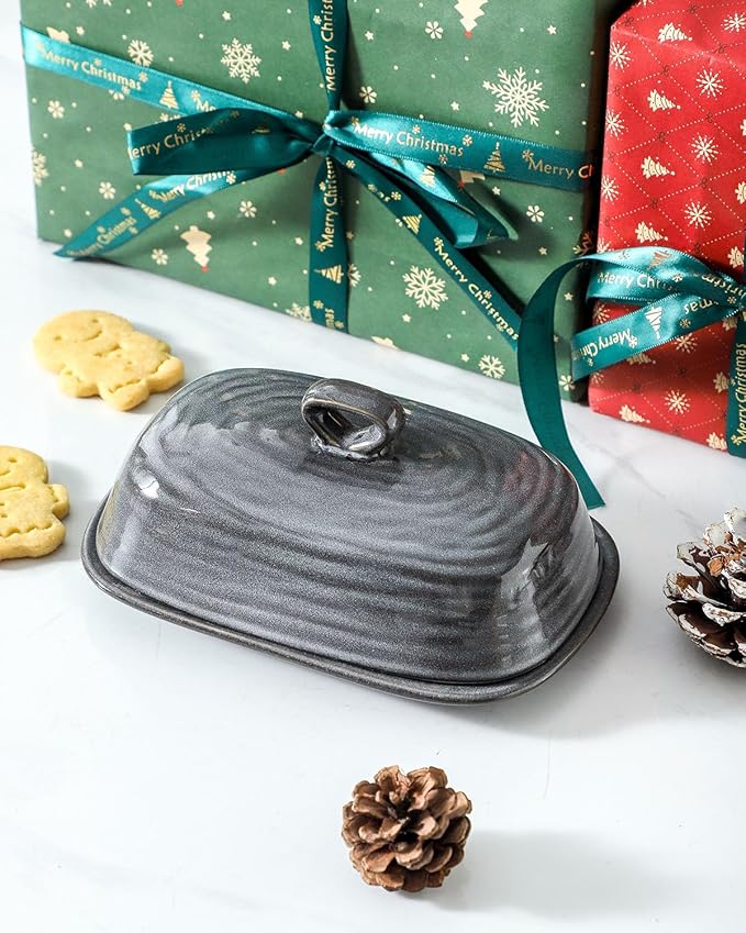 Hasense Porcelain Butter Dish with Lid, Covered Butter Container with Handle Design for Countertop, Gray