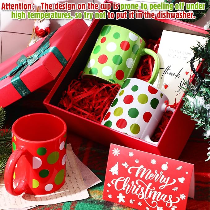 Sliner 3 Set 11 oz Christmas Ceramic Coffee Mugs Red Green Polka Dot Cup Funny Gift Cute Festive Ceramic Tea Cup Xmas Holiday Birthday Gifts for Men Women