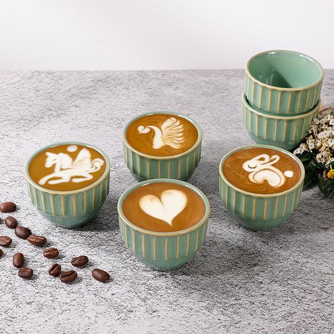 Ceramic Espresso Cups Set, Espresso Coffee Mugs, Special Glazed Demitasse Cups Expresso Coffee Cup for Espresso Machine (6-2oz-Stripe Bronze Green)