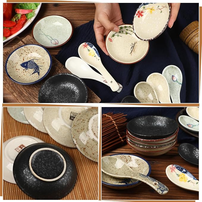 Tioncy Set of 12 Japanese Retro Style Tableware Soy Sauce Dish Set 6 Pcs Asian Soup Spoons 6 Pcs Ramen Appetizer Plates 3.8 Inch Japanese Rice Spoon for Sushi Sauce Snack