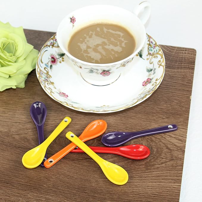 Mini Spoons for Spices, Ceramic Spoon 3.5 inch for Spice Jars, Espresso Spoons, Small Seasoning Spoon for Salt, Coffee, Sugar, Powder and Pepper (Yellow spoon A set of 4)