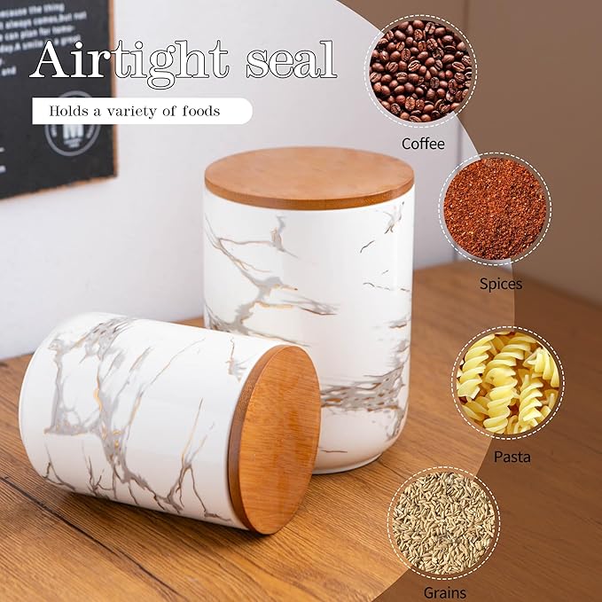 JOJUNO White Ceramic Canister Set with Bamboo Lid – 3-Piece Airtight Food Storage Jars for Kitchen Counter – Glossy Marble Design, Ideal for Flour, Sugar, Coffee, Tea, Spice – Small, Medium, Large