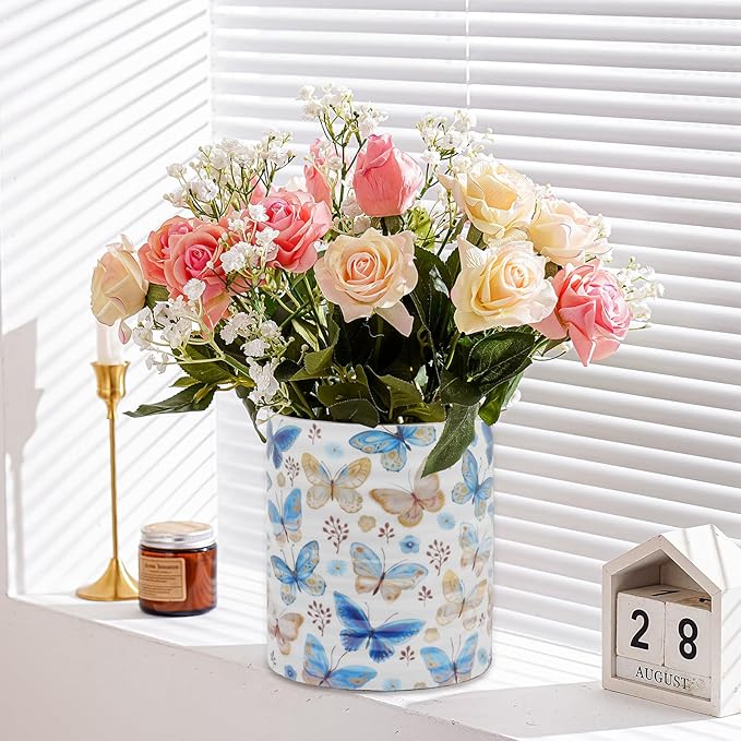 Kitchen Utensil Holder,7.2-inch Extra Large Sturdy Ceramic Floral Butterfly Pattern Utensil Crock,Cooking Utensil Organizer for Kitchen Counter Decor,Storage Caddy Farmhouse Gift Butterflies
