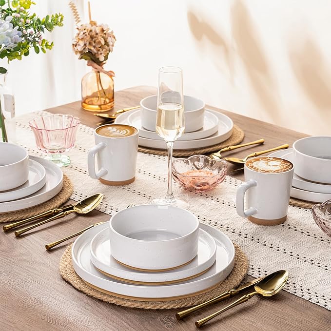 AmorArc Ceramic Dinnerware Set for 8 | Speckled Stoneware Plates and Bowls with Rustic Terracotta Underside| Scratch Resistant,Dishwasher & Microwave Safe Dishes Sets- 24pcs White