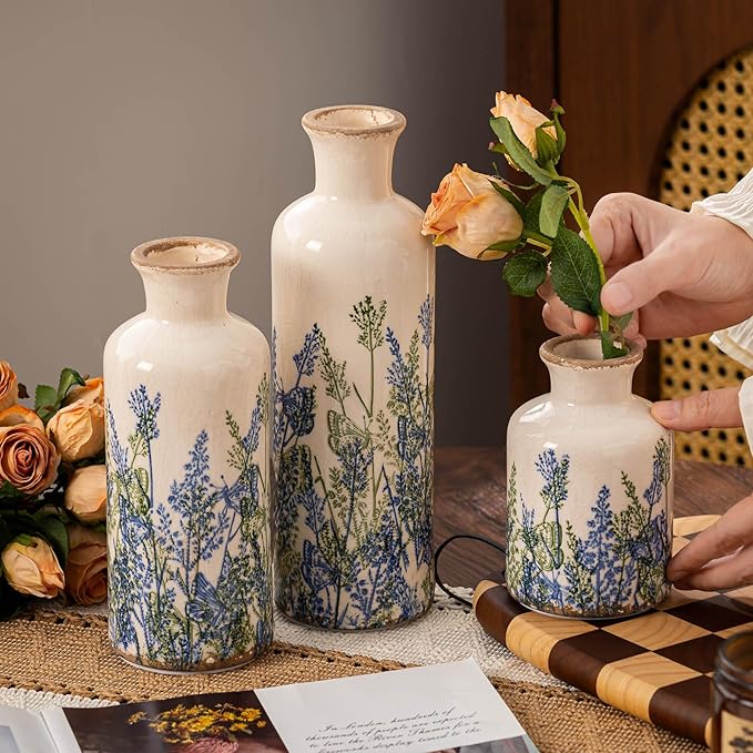 Vintage Floral Pitcher Vase with Handle, Ceramic Farmhouse Flower Vase French Country Decor, Rustic Table Centerpiece, Grand Millennial Tuscan Home Decor for Living Room, Bookshelf (Blue-007)