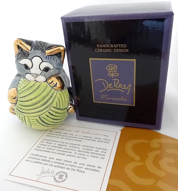 De Rosa Handmade Sculpted Ceramic Gray Striped Kitten w/Yarn Ball Family Collection