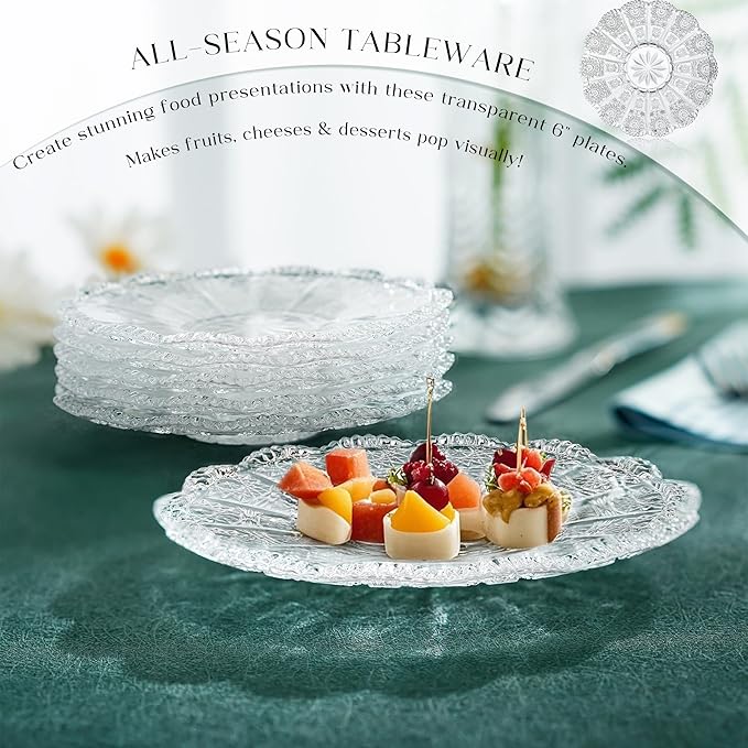 kanpura Dessert Plates 5.5 Inch Glass Plates Set of 6 Small Decorative Salad and Dessert Plates Clear Glass Dinner Plates for Appetizers, Salads, and Small Meals