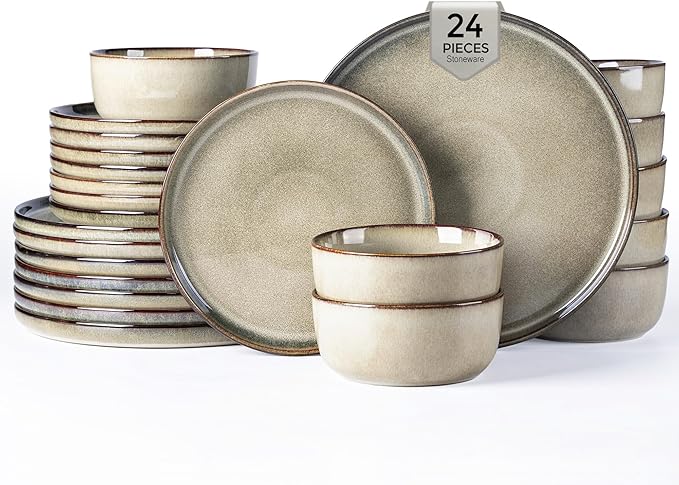 GBHOME Dinnerware Sets for 8, 24 Pieces Stoneware Plates and Bowls Sets, Scratch Resistant Dishes, Dishwasher & Microwave Safe, Reactive Glaze