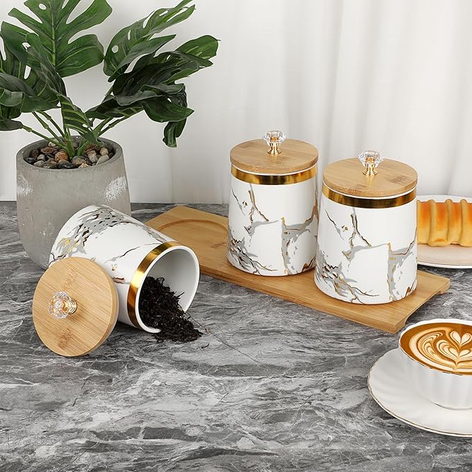 JUXYES Set of 3 Canisters Set for Sugar Coffee Tea with Airtight Lid, Ceramic Storage Containers Sets White Storage Pots with Tray Storage Jar Decorative Canisters Sets for for Kitchen Counter