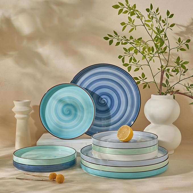 Sweese 7.8 Inch Porcelain Dessert Plates Set of 6 - Gradient Salad Plates, Microwave & Dishwasher Safe, Scratch-Resistant, Elegant High-Edge Design for Appetizers, Cakes, Pasta - Cool Assorted Colors