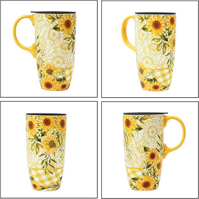 DUSVALLY Ceramic Tall Coffee Mug, Friends Coffee Cup Gift Set, Travel Mug with Lid for Office and Home, Porcelain Mug Unique Gifts for Women and Man, Color Box, 17 oz, Yellow Sunflower