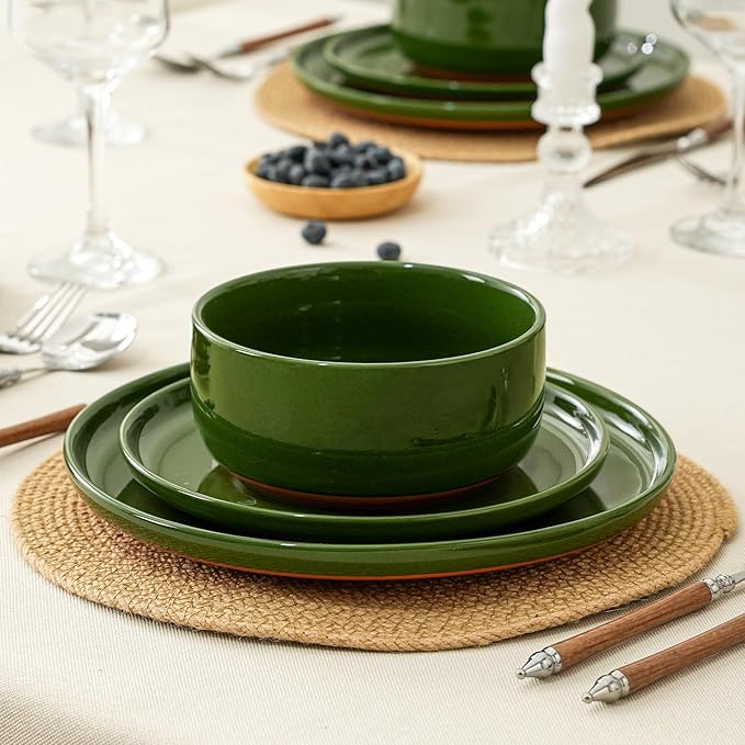 12 Piece Dinnerware Set, Dual Glaze Stoneware Plates and Bowls Sets, Modern Dinner Plate, Salad Plate, Cereal Bowl, Dish Set for 4, Microwave and Dishwasher Safe, Forest Glaze Green