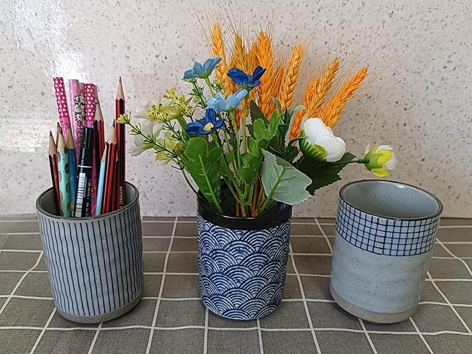 Stoneware Coffee Bar Utensil Holder Tea & Coffee Spoon & Stirrer Holder for Stir Stick Straw Teaspoon Holder Spoon Cup Small Utensil Jar (Blue Chequer)