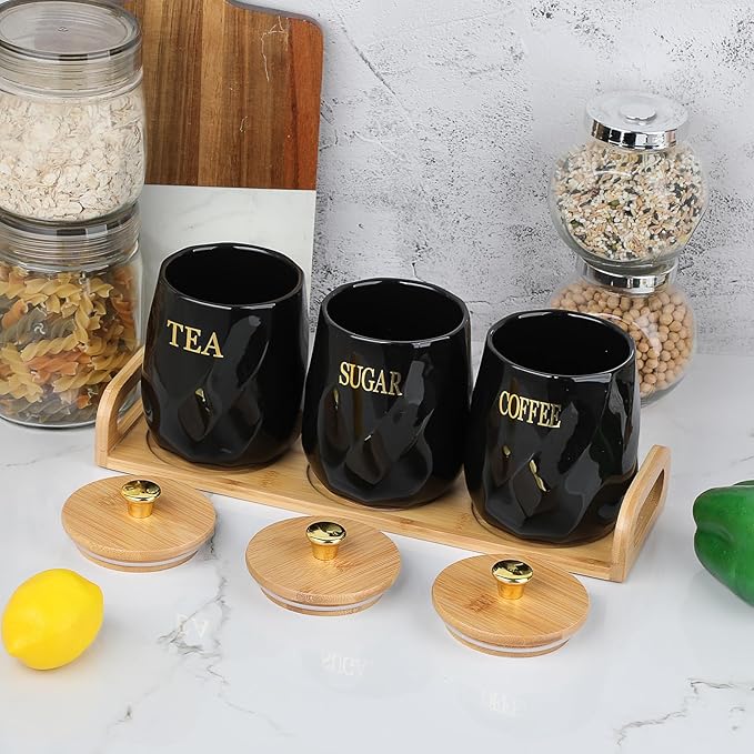 JUXYES Set of 3 Ceramic Canisters Set for Sugar Coffee Tea With Handle Tray, Luxurious Storage Containers Sets with Lids Decorative Storage Pots Black Ceramic Storage Jar for Kitchen Dining Room