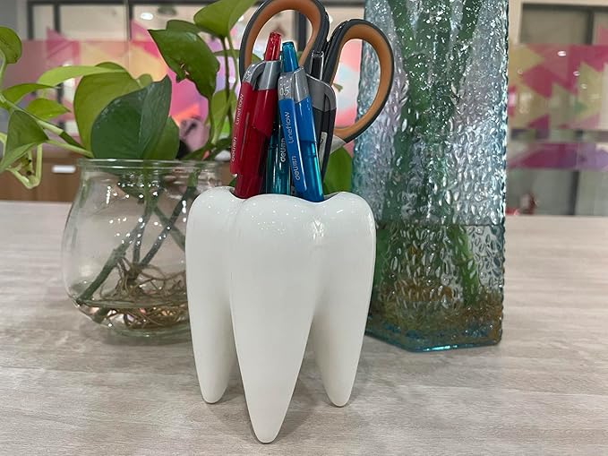 1 PC Creative Tooth Shaped Garden Succulent Ceramic Flower Pot Dental Toothbrush Holder Ceramic Storage Bucket Personalized Decoration Creative Birthday Gift Desktop Desk Decoration(Tooth)