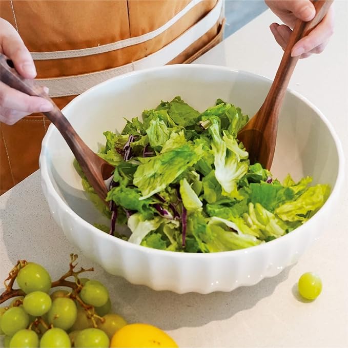 12-Inch Large Ceramic Salad Bowl Set with Wooden Servers, Decorative Serving Bowl with Ribbed Design for Pasta, Fruit (White)