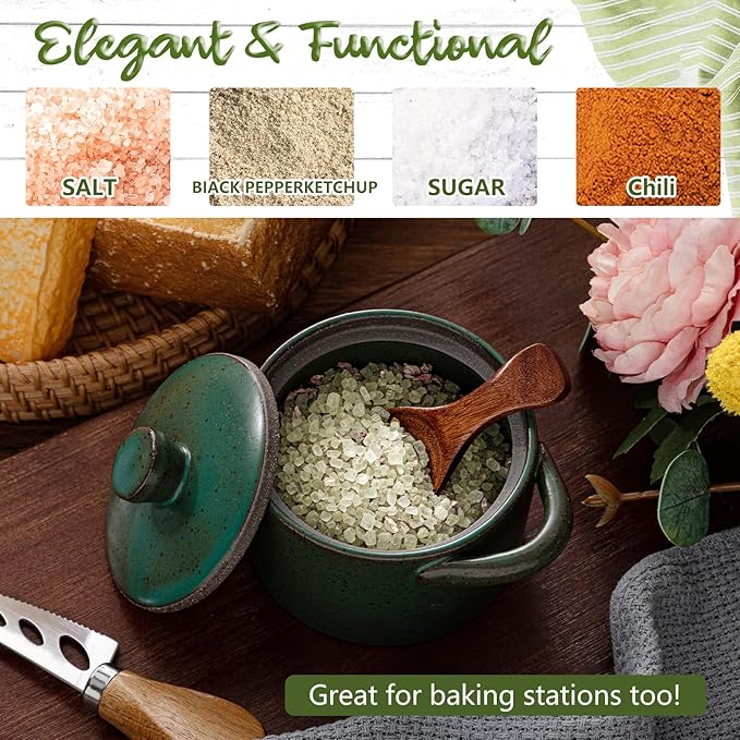 Honeydak Speckled Ceramic Salt Cellar with Lid and Wooden Spoon, Rustic Farmhouse Salt Pepper Cellar for Valentines Day,Housewarming Gift, Heavyweight Spices Container (Green,2 Set)