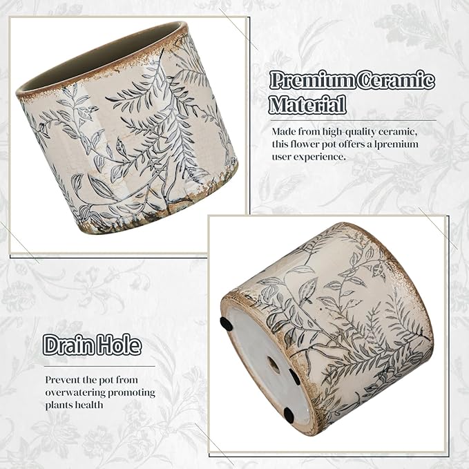 Indoor Ceramic Plant Pots with Drainage Hole 5 Inch Chinese Glaze Ice Crack Flower Pot Vintage Succulent Pots Porcelain Decorative Planter for Plants Herb Home Decor(Grey,Retro Style)