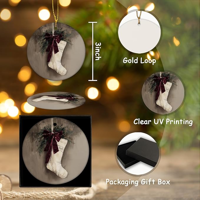 Vintage Christmas Stocking Ceramic Ornament Gifts, Rustic Moody Winter Christmas Decorative Hanging Ornaments for Xmas Tree Holiday Party Decoration, Santa Deer Xmas Tree Decorations